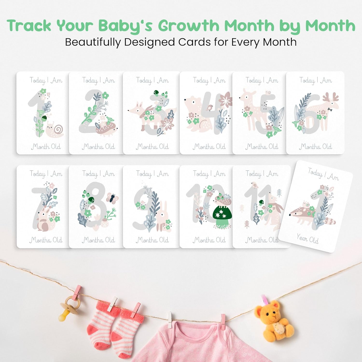 Forever Fun Times unisex baby milestone cards for tracking monthly growth with adorable designs