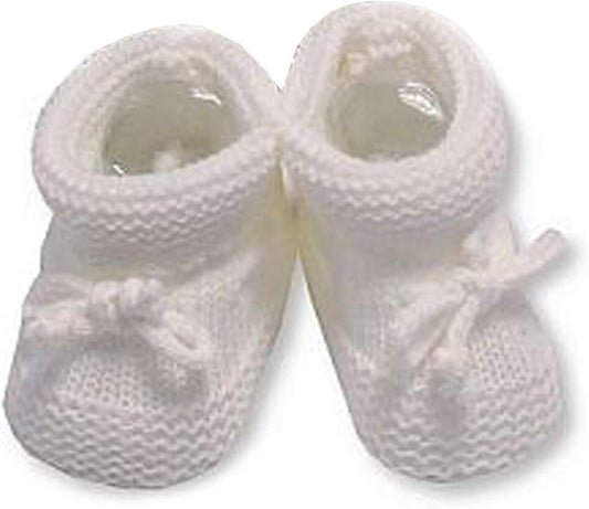 White unisex newborn knitted booties with a cute bow detail for infants