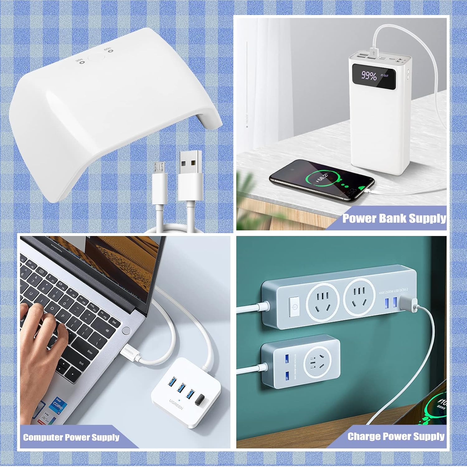 ANGNYA UV nail lamp for gel nails with multiple power supply options including USB and power bank