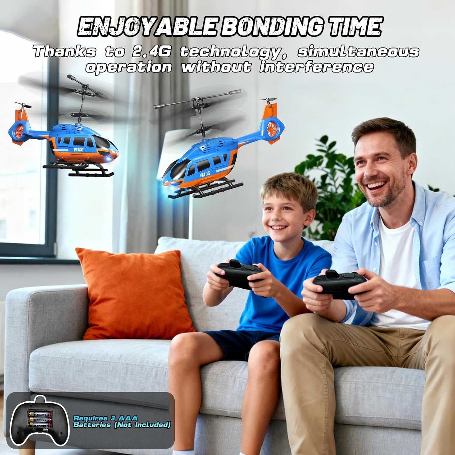 Two kids enjoying time together with an RC helicopter for kids with LED lights, featuring remote controls