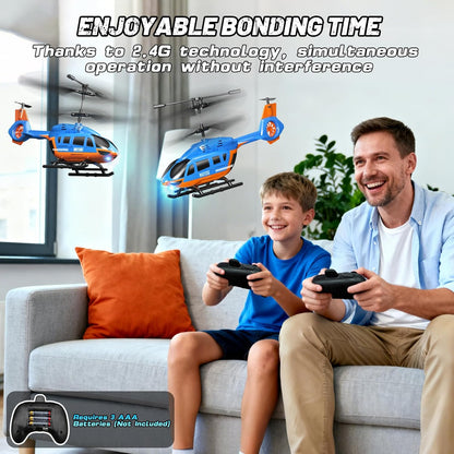 Two kids enjoying time together with an RC helicopter for kids with LED lights, featuring remote controls