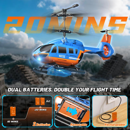 VATOS RC helicopter for kids with LED lights featuring dual batteries for extended flight time