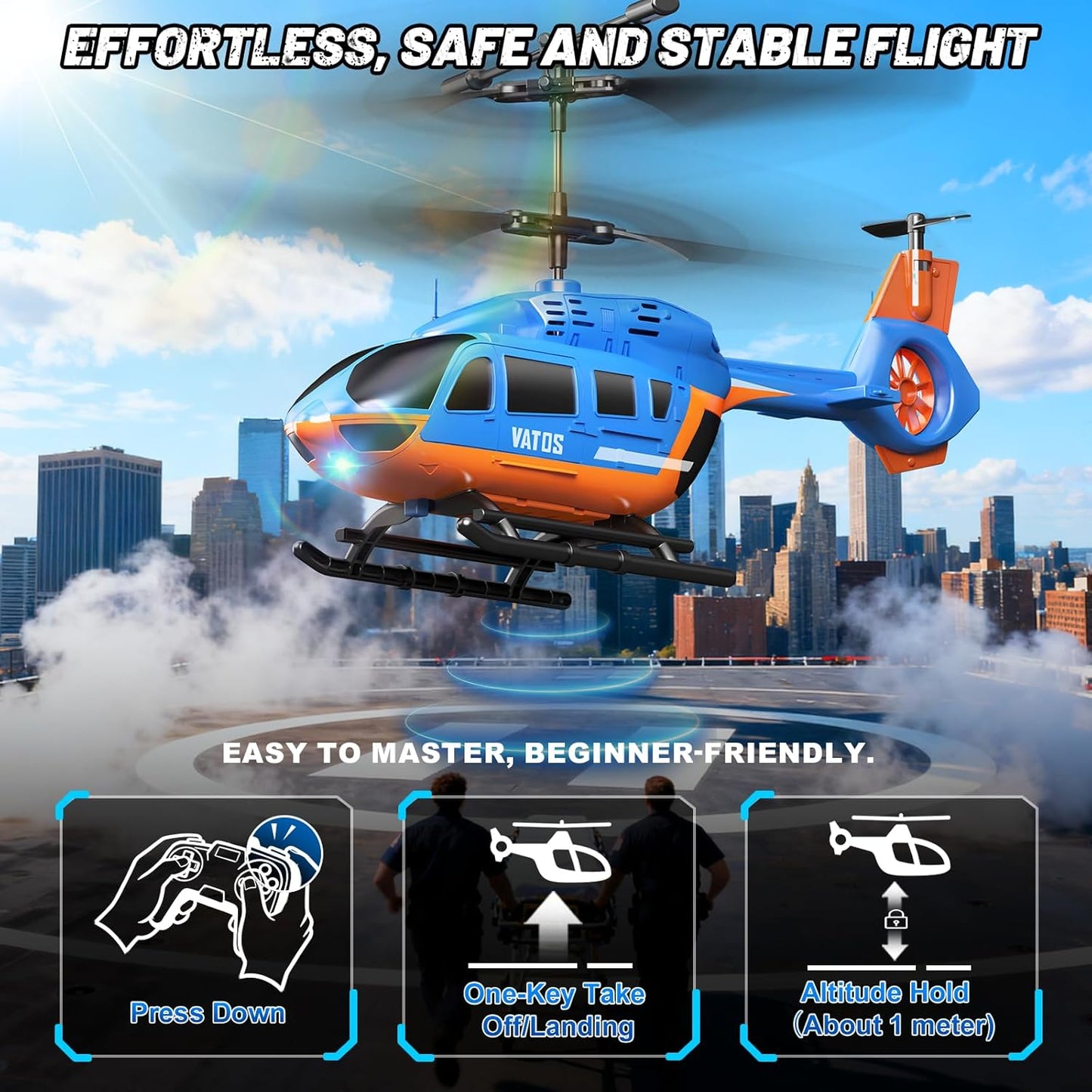 VATOS RC helicopter for kids with LED lights featuring stable flight, easy control, and beginner-friendly design