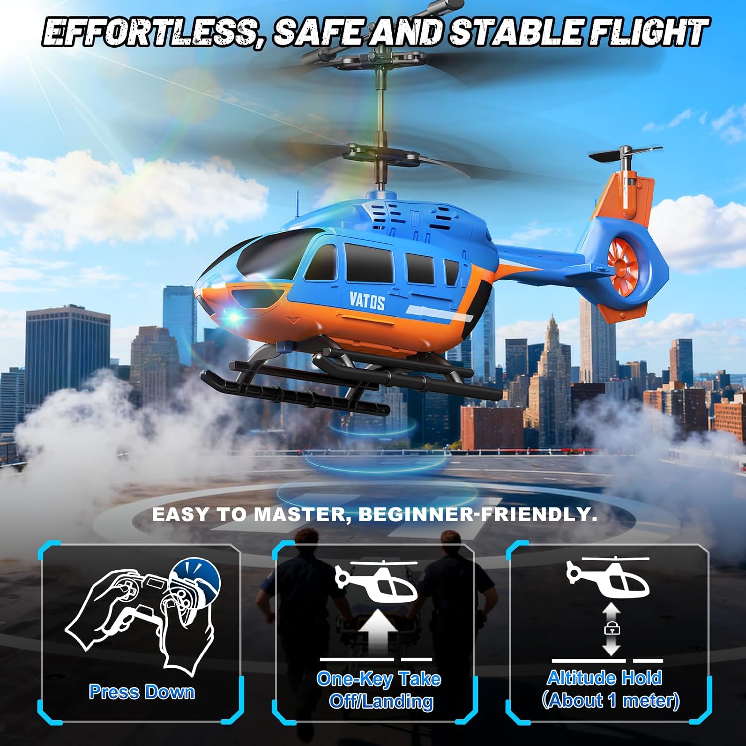VATOS RC helicopter for kids with LED lights featuring stable flight, easy control, and beginner-friendly design