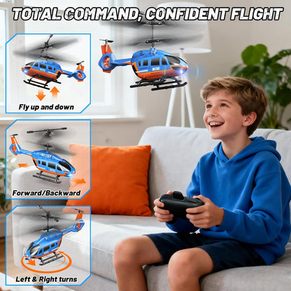 VATOS RC helicopter for kids with LED lights, controlled by a boy for easy flying indoors