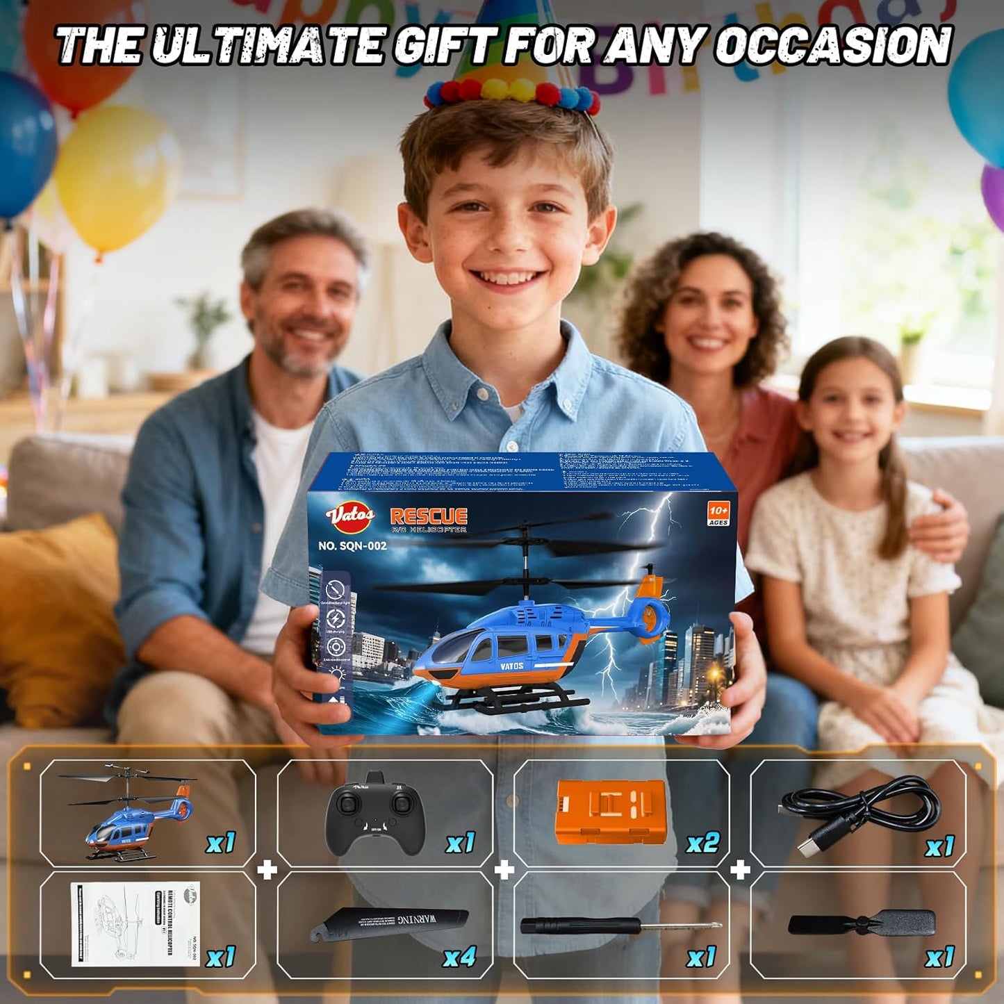 VATOS RC helicopter for kids with LED lights in a gift box, ideal for family fun and special occasions