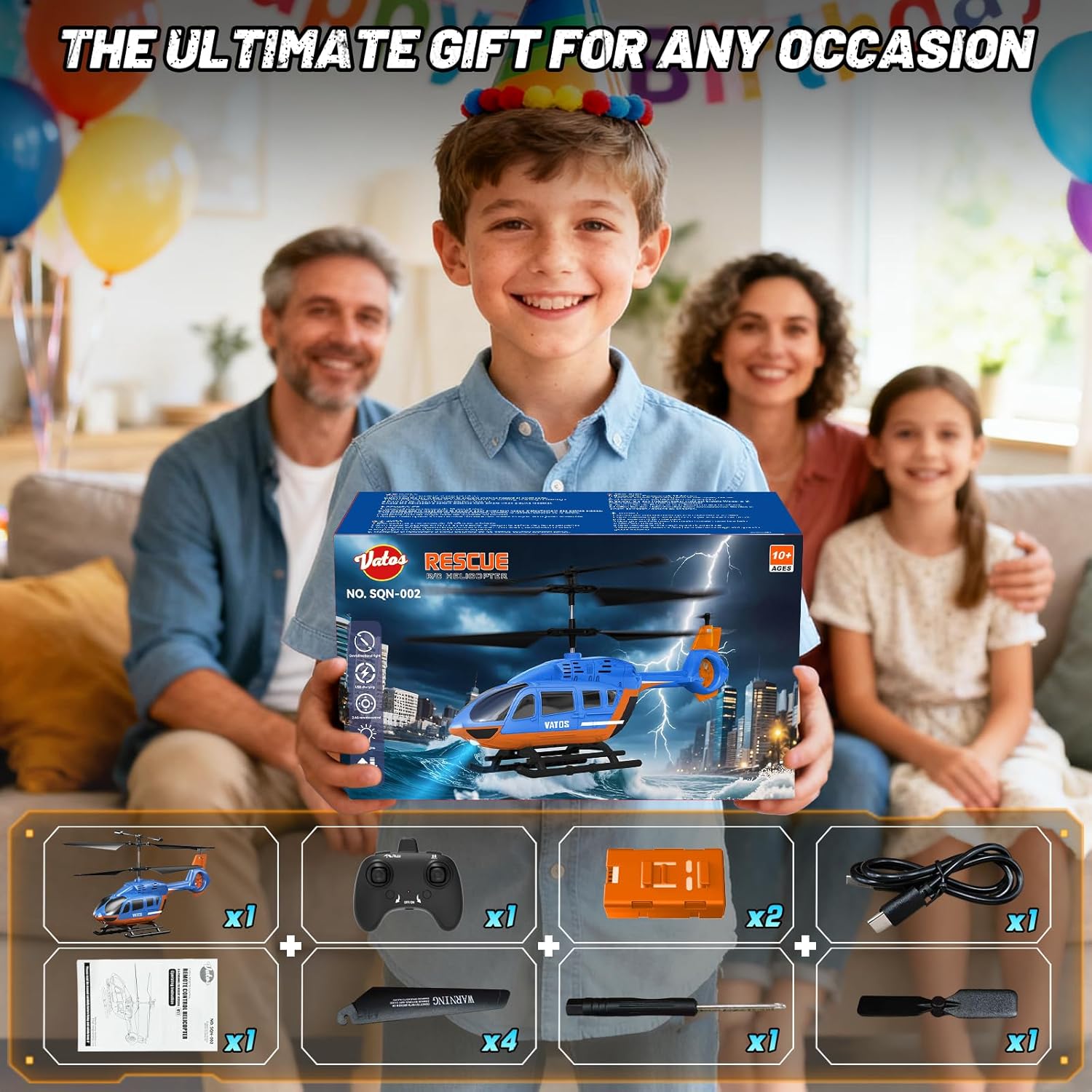 VATOS RC helicopter for kids with LED lights in a gift box, ideal for family fun and special occasions
