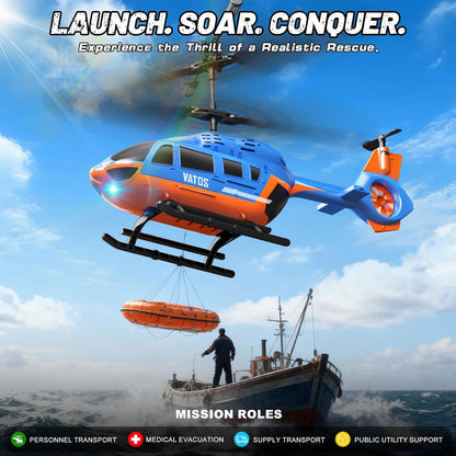 VATOS RC helicopter for kids with LED lights performing a rescue operation above a boat