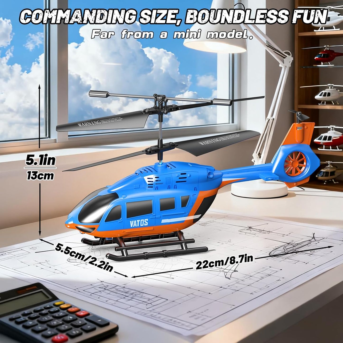 VATOS RC helicopter for kids with LED lights, showcasing size and design on a blueprint