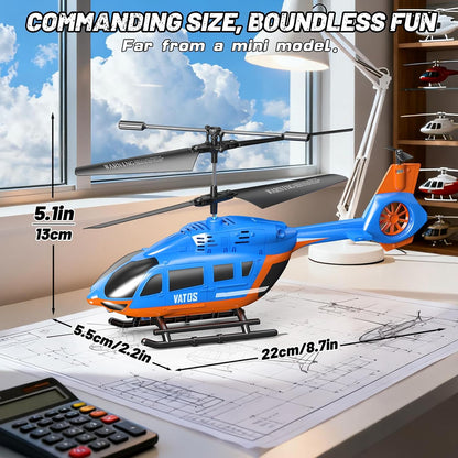 VATOS RC helicopter for kids with LED lights, showcasing size and design on a blueprint