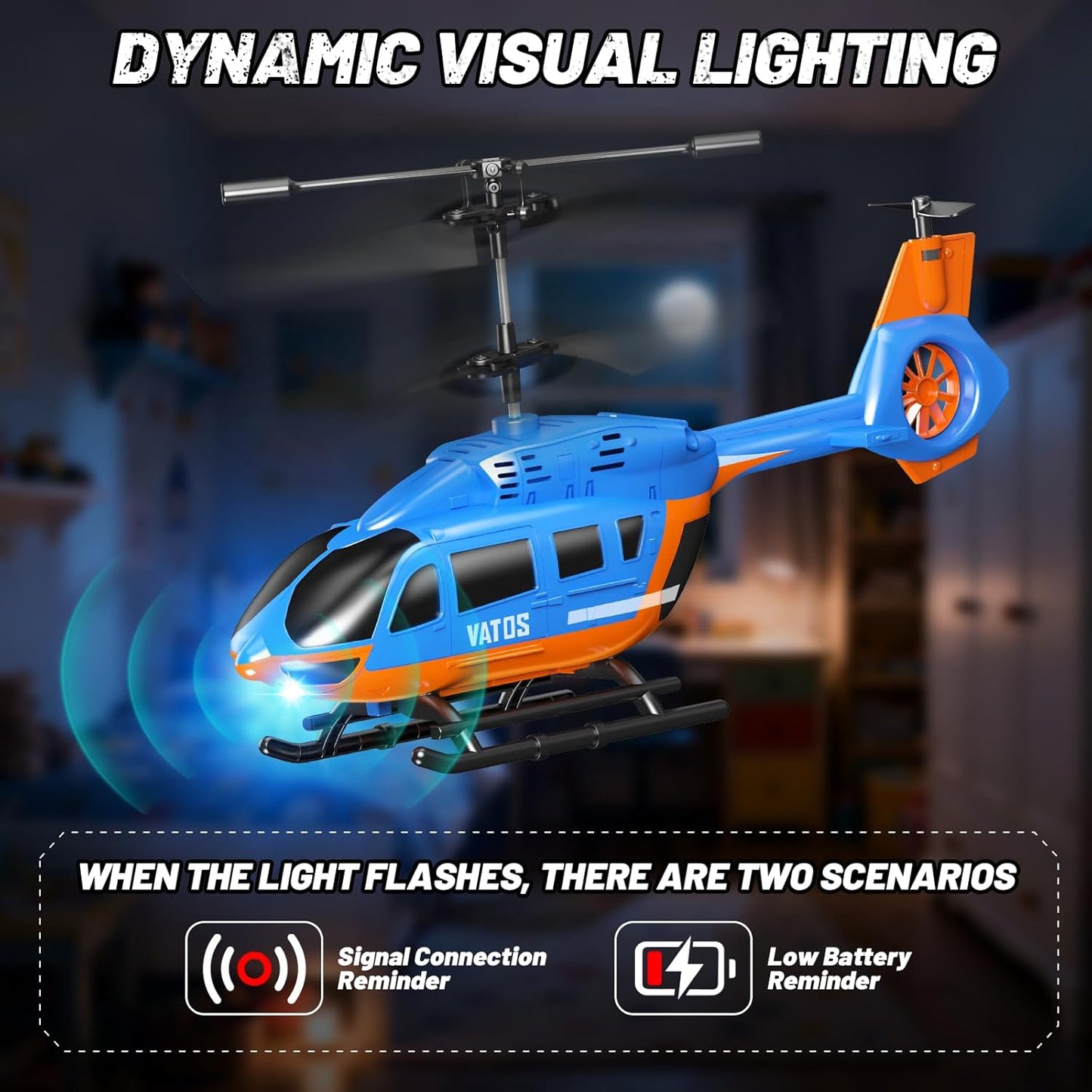 VATOS RC helicopter for kids with LED lights in blue and orange design, showcasing dynamic lighting features
