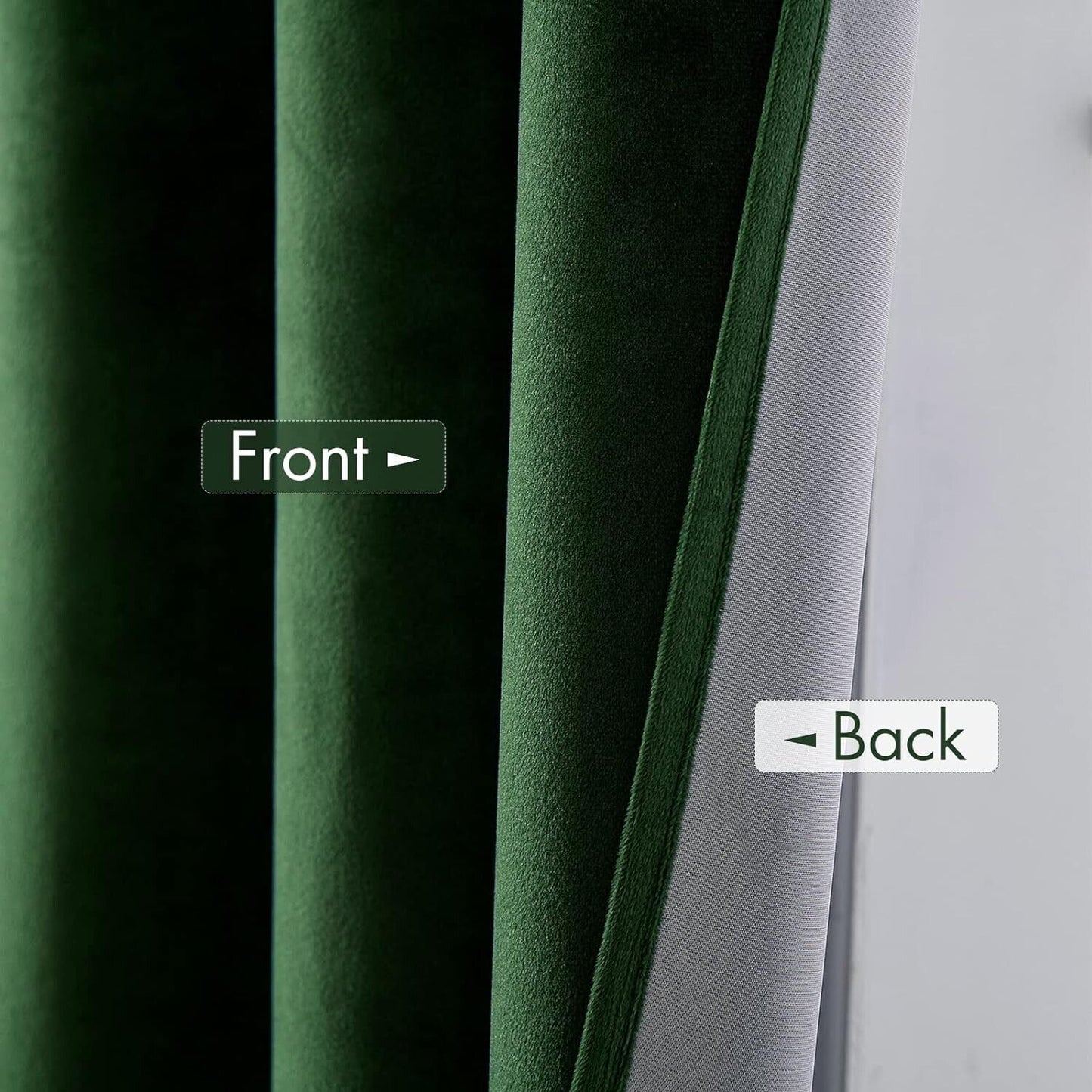 Velvet blackout curtains in deep green showcasing front and back textures for elegant room darkening