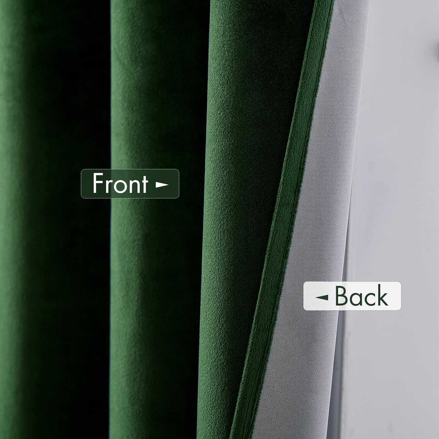 Velvet blackout curtains in deep green showcasing front and back textures for elegant room darkening