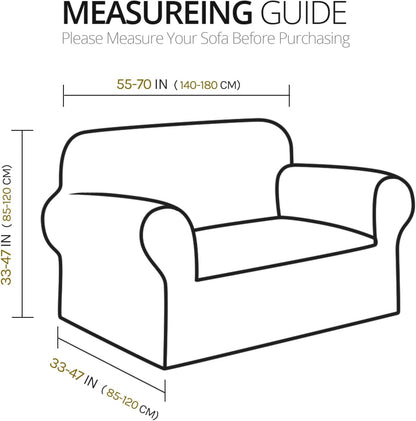 Measuring guide for velvet loveseat cover chocolate with dimensions for accurate fitting