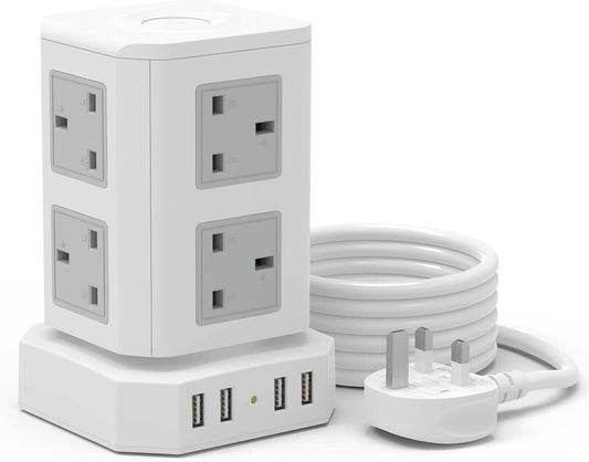 HAFINO white vertical power strip tower with multiple UK outlets and USB ports with long cord