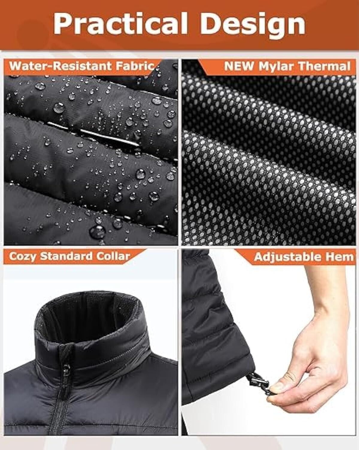 Venustas women's heated gilet with battery featuring water-resistant fabric and adjustable hem design