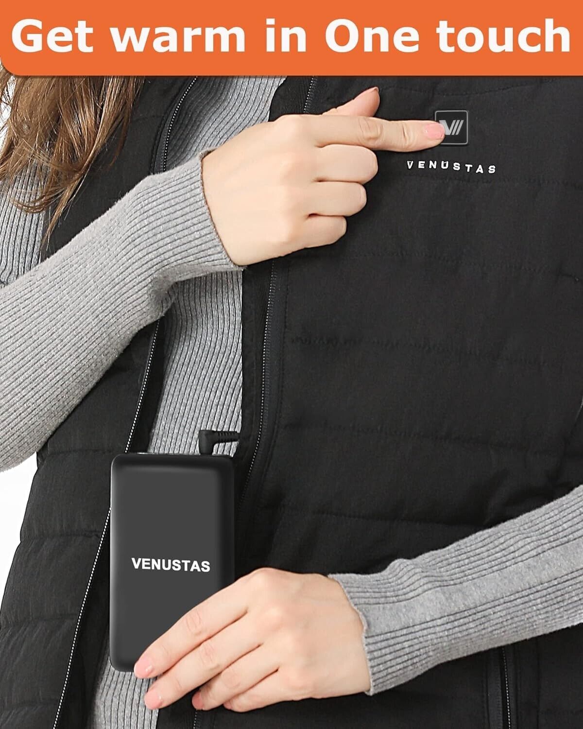 Venustas women's heated gilet with battery featuring a sleek design and easy charge access.