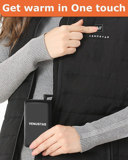 Venustas women's heated gilet with battery featuring a sleek design and easy charge access.