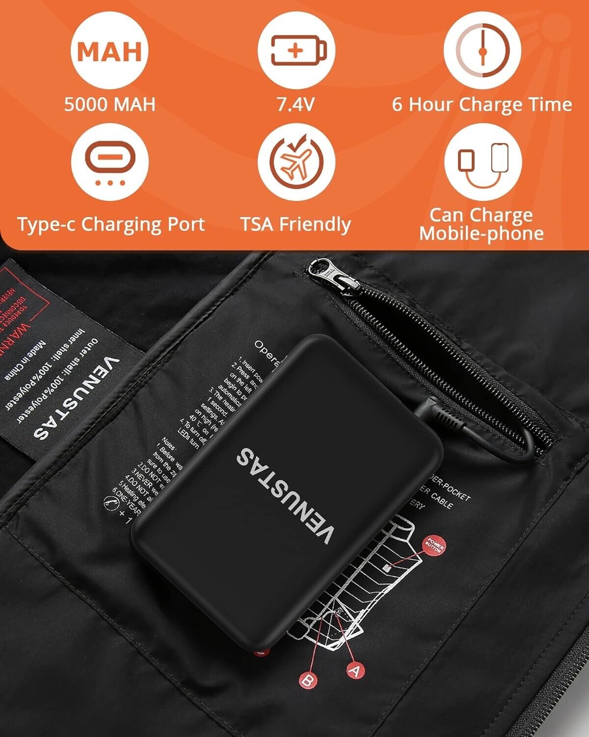 Venustas women's heated gilet with battery, featuring a Type-C port and 5000 MAH power bank for warmth