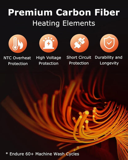 Features of Venustas women's heated gilet with battery showcasing premium carbon fibre heating elements