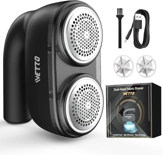 iVetto electric fabric shaver with dual-head design, USB cable and extra blades for efficient lint removal