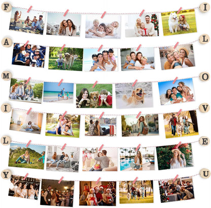Wall mounted photo holder pink displaying family memories with vibrant images clipped on twine