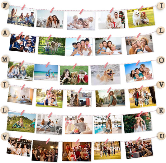 Wall mounted photo holder pink displaying family memories with vibrant images clipped on twine