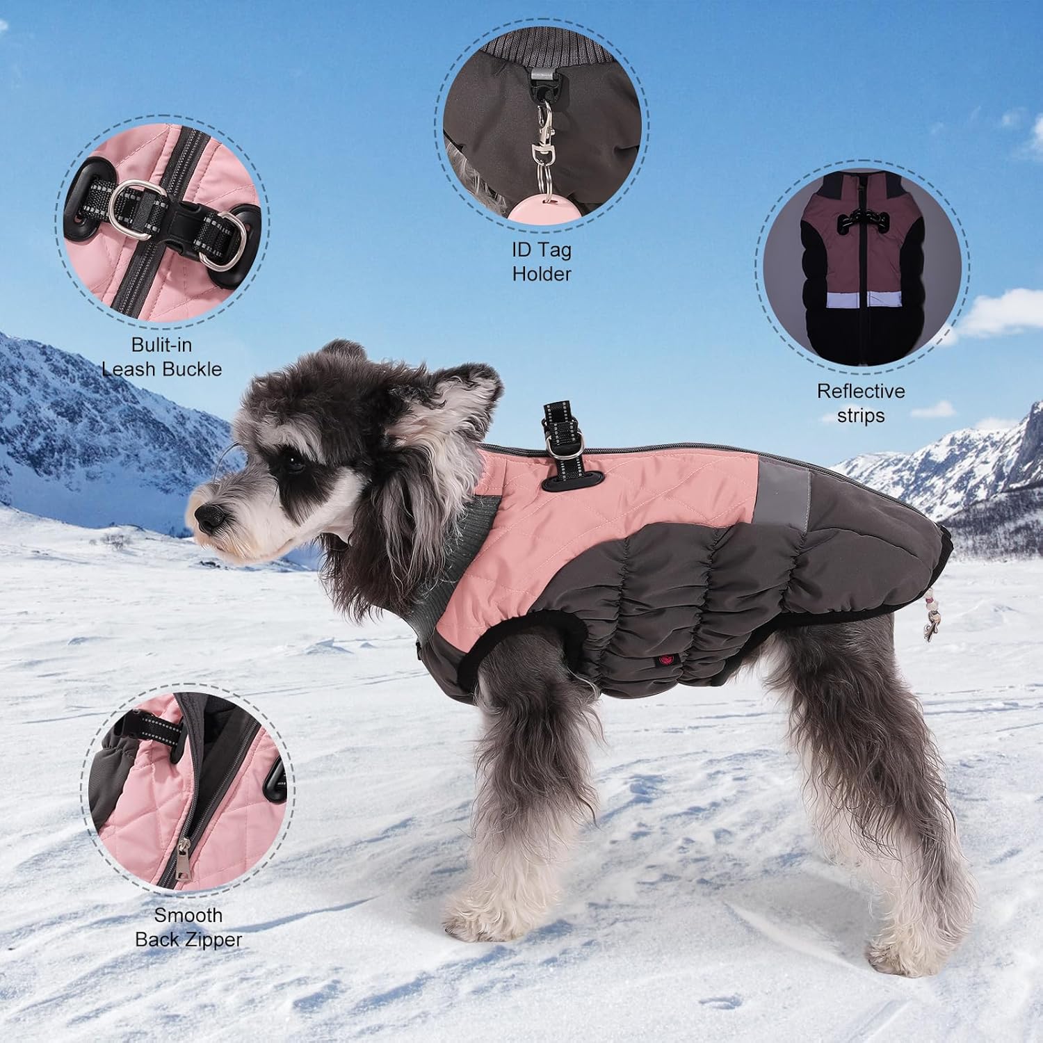 Savlot warm dog winter jacket in pink and black with reflective strips for outdoor adventures
