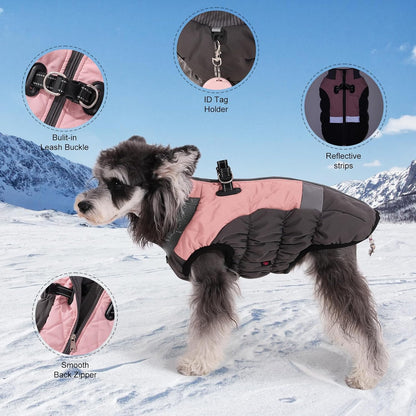 Savlot warm dog winter jacket in pink and black with reflective strips for outdoor adventures