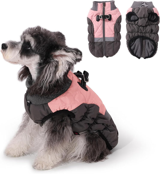 Savlot warm dog winter jacket in pink and grey, providing comfort and warmth for pets in cold weather