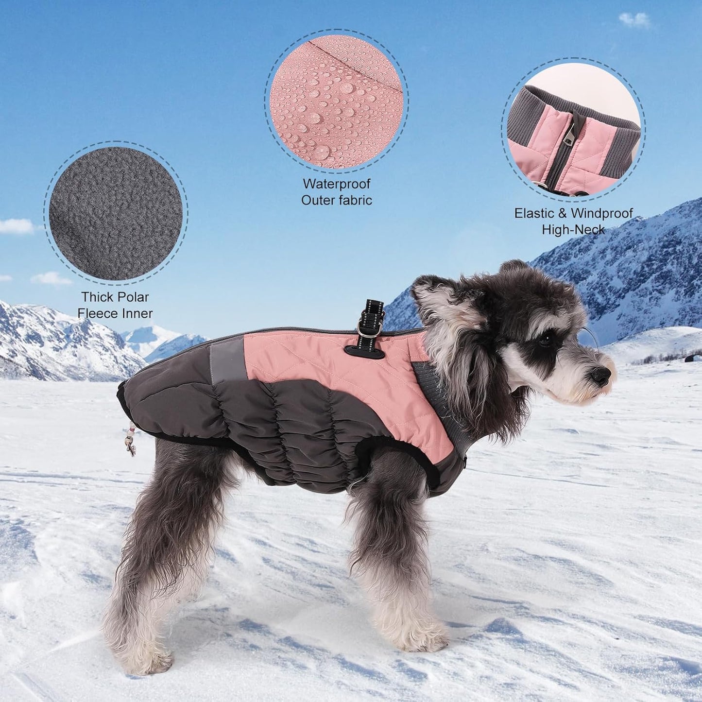 Warm dog winter jacket in pink and black with fleece inner and waterproof outer for cold weather protection