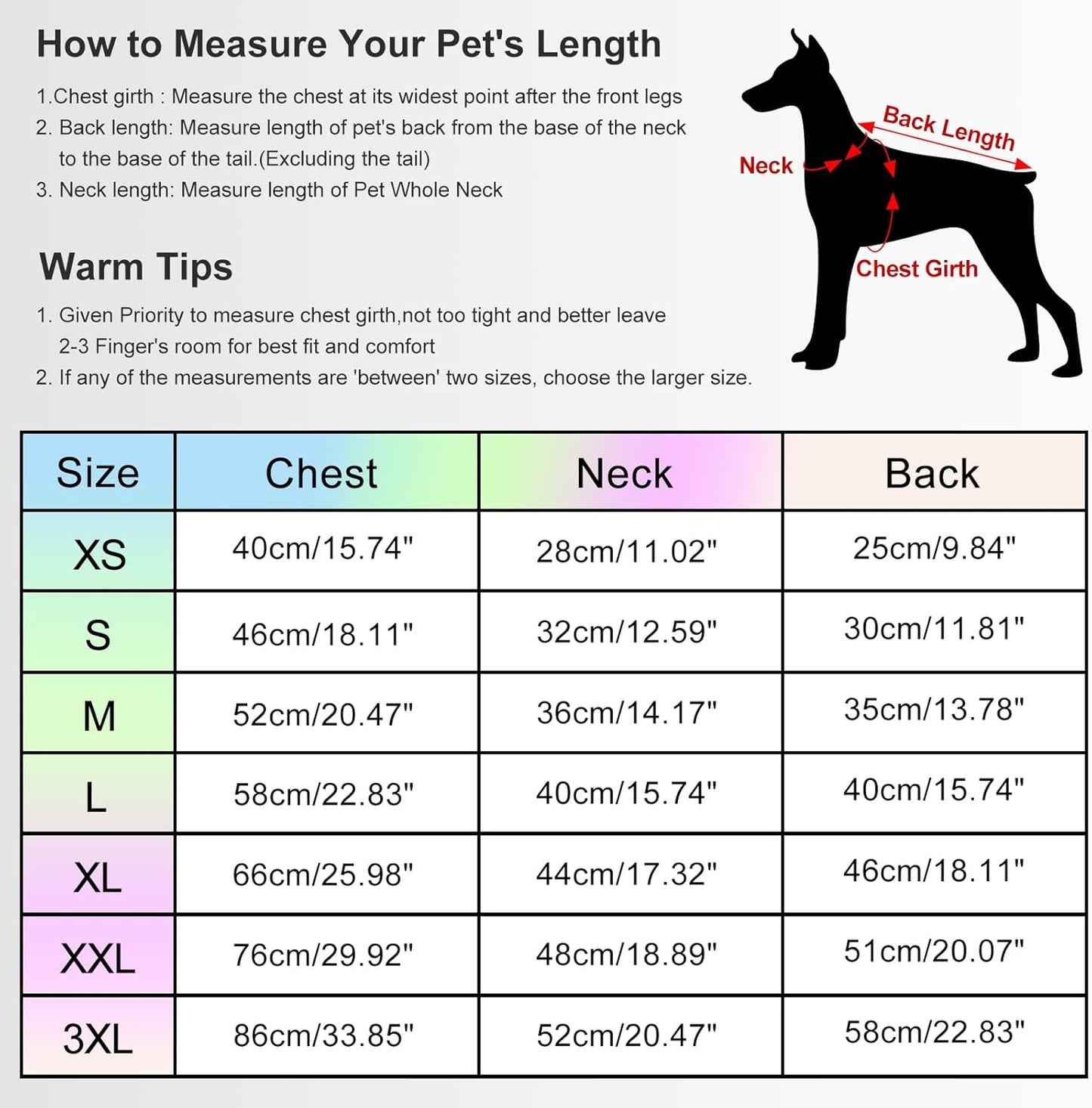 Guide for measuring your pet for a warm dog winter jacket with size specifications from Savlot