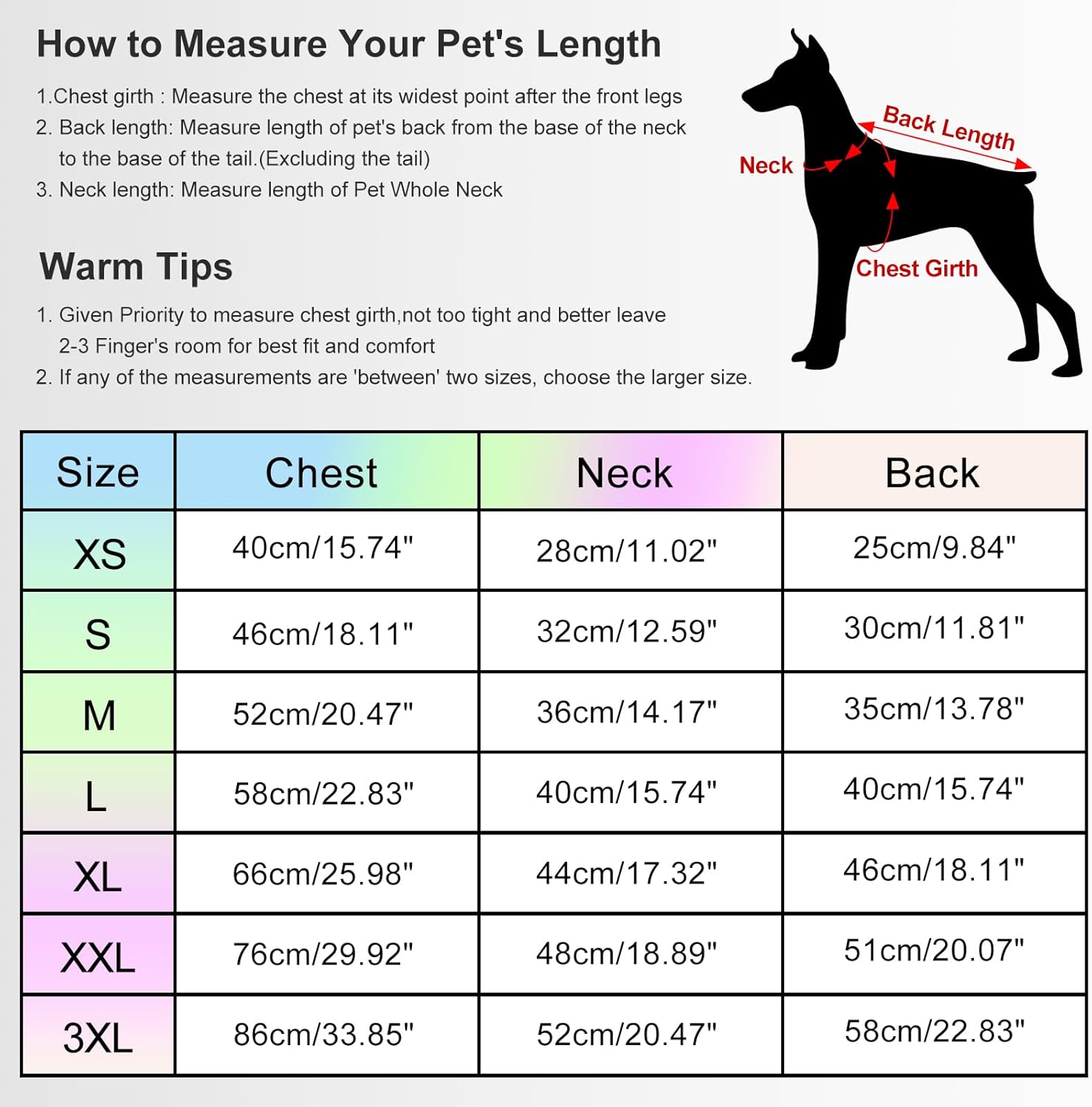Guide for measuring your pet for a warm dog winter jacket with size specifications from Savlot