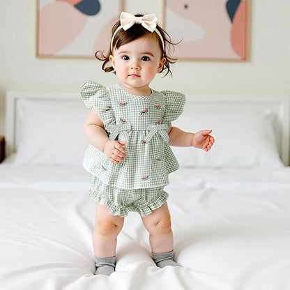 Adorable Barbotimer watermelon baby girl outfit featuring a ruffled top and matching bloomers