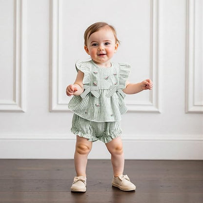 Adorable watermelon baby girl outfit featuring a green gingham top and matching shorts for stylish toddlers