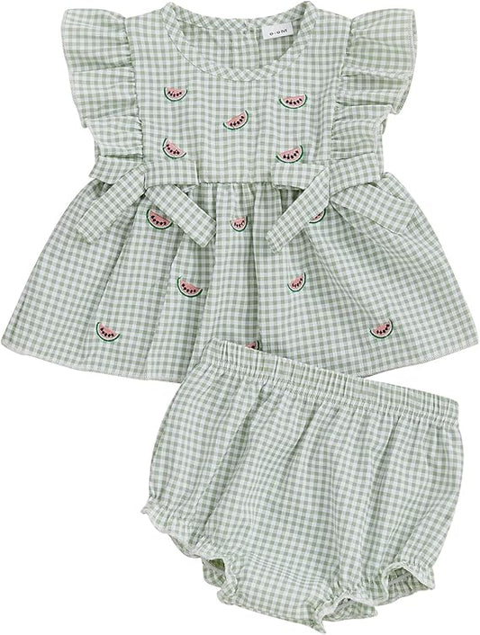 Barbotimer watermelon baby girl outfit featuring a green gingham dress with watermelon patterns and ruffled sleeves