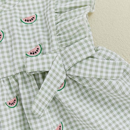 Barbotimer watermelon baby girl outfit in green gingham with cute watermelon embroidery