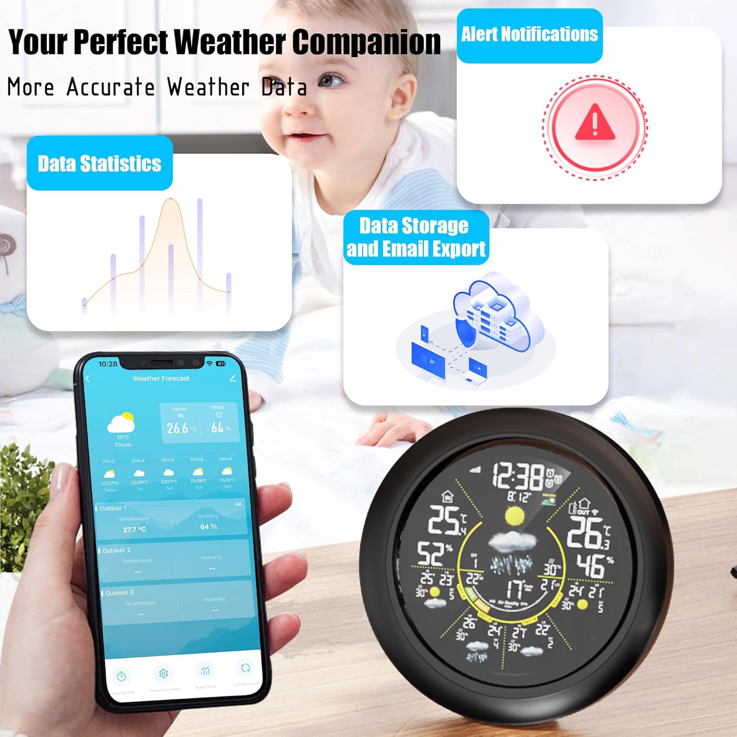 Fagalil WiFi weather station with outdoor sensor displaying data statistics and notifications on smartphone