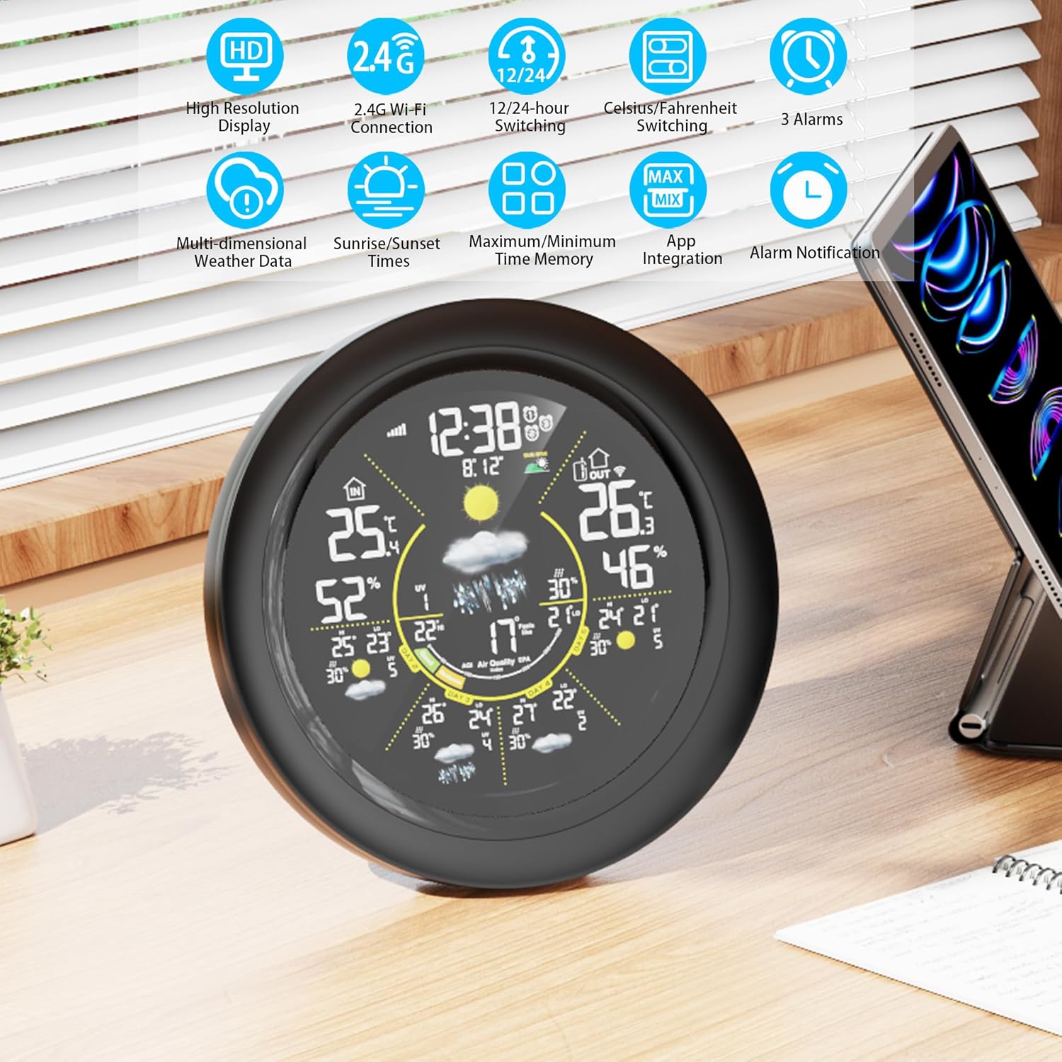 Fagalil WiFi weather station with outdoor sensor featuring high-resolution display and multiple weather data features