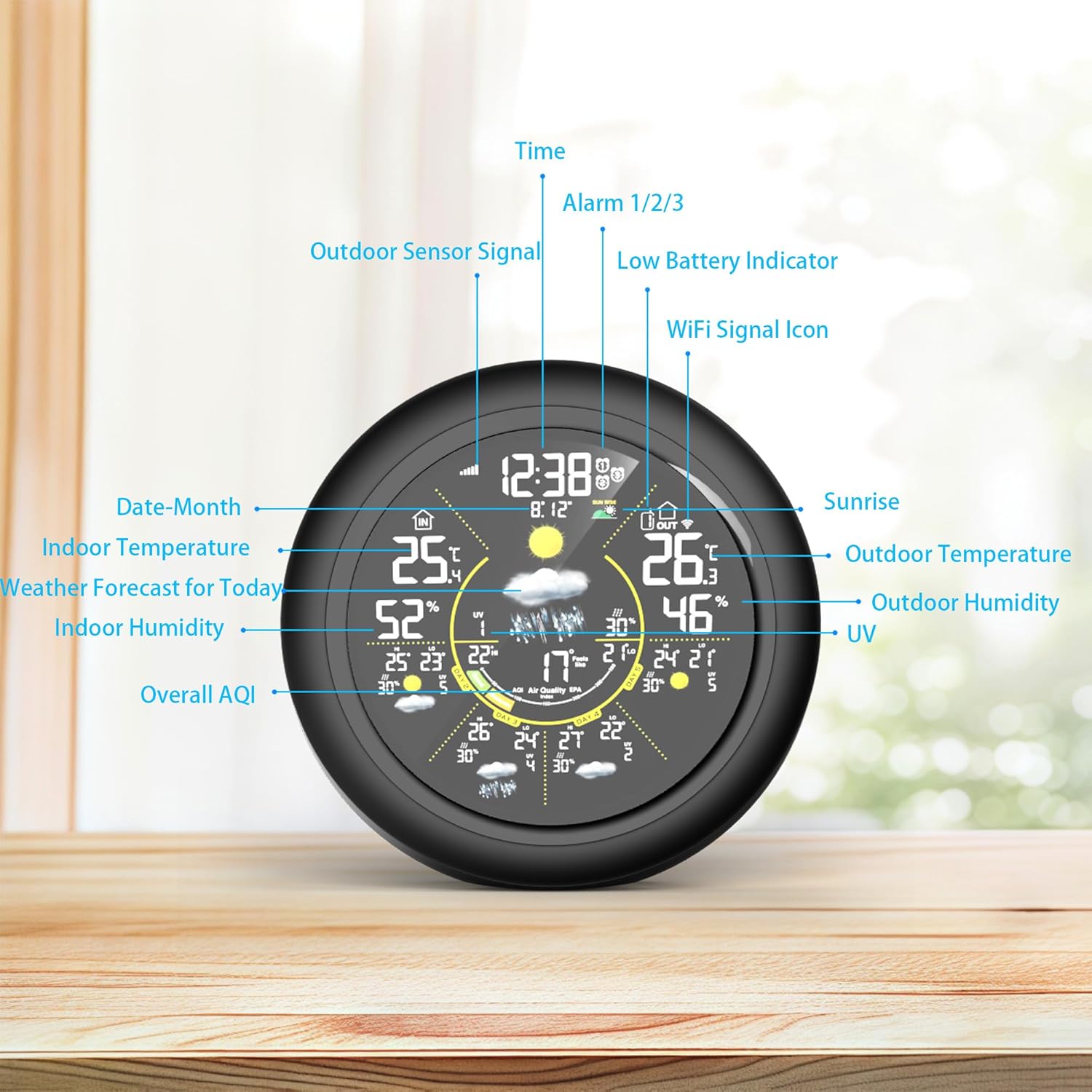 Fagalil WiFi weather station with outdoor sensor displaying time, temperature, humidity, and air quality indicators