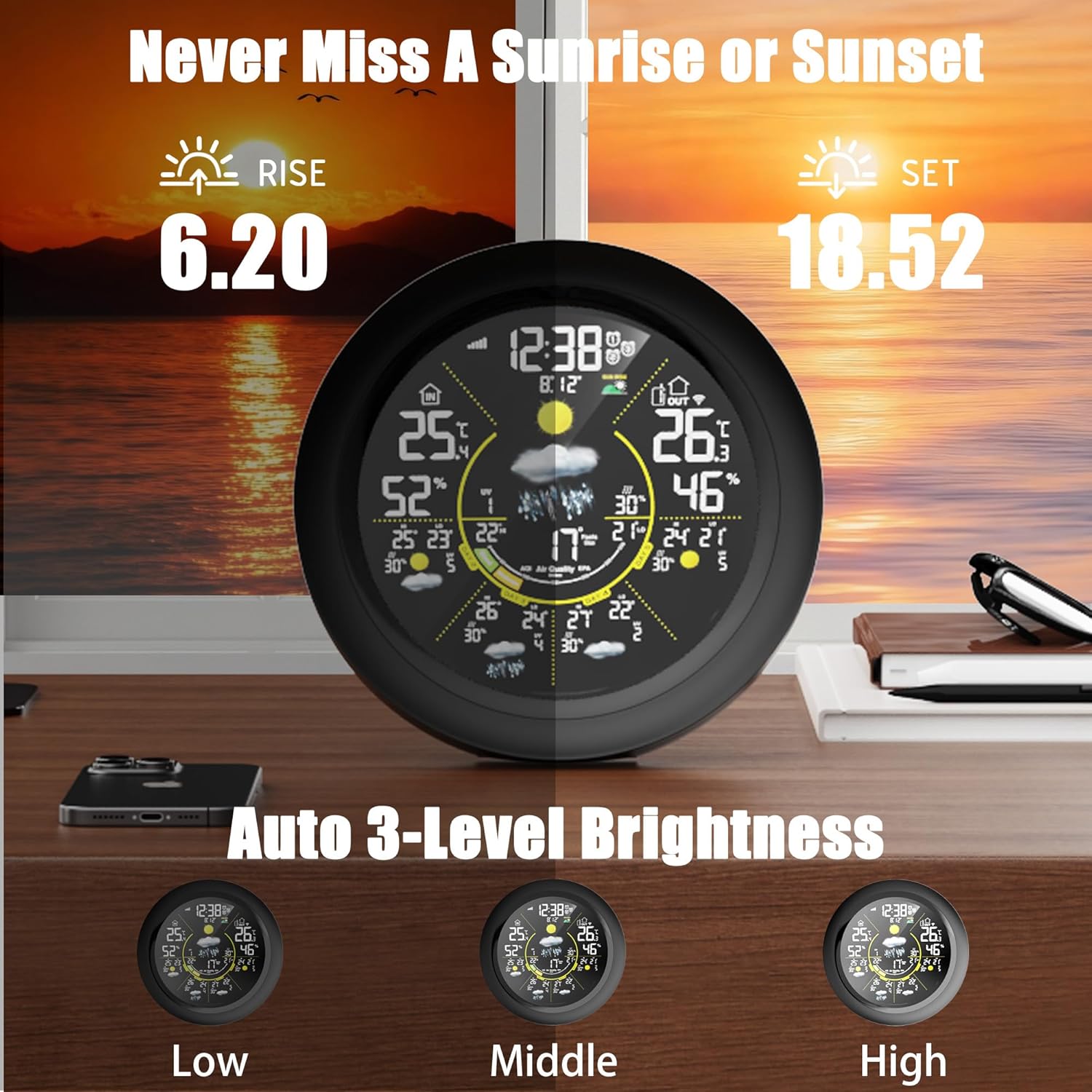Fagalil WiFi weather station with outdoor sensor displaying time, temperature, and brightness settings
