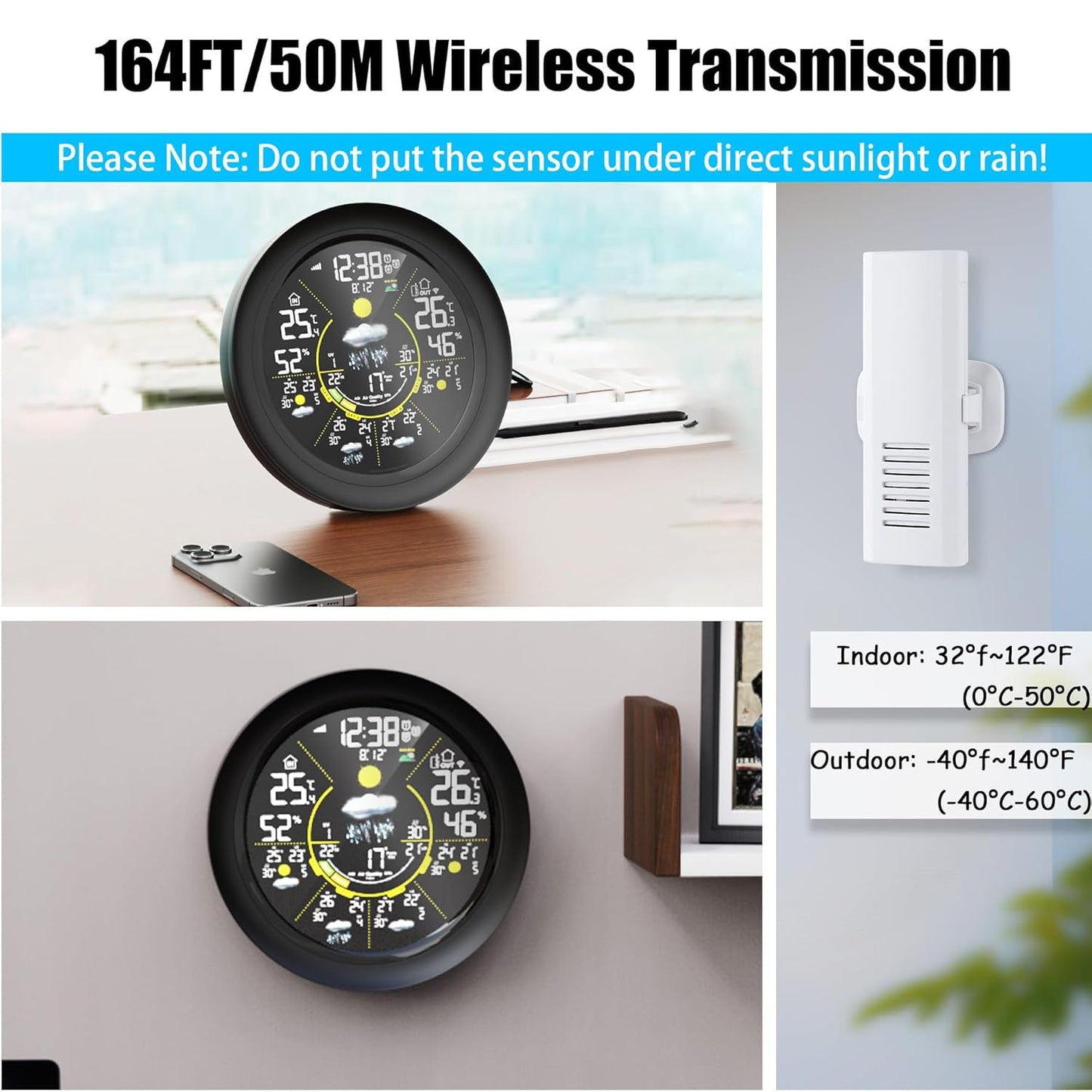 Fagalil WiFi weather station with outdoor sensor displaying indoor and outdoor temperatures and clock