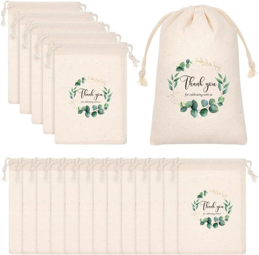 Set of wedding favour bags cotton linen with floral design and 'Thank you' message, ideal for celebrations