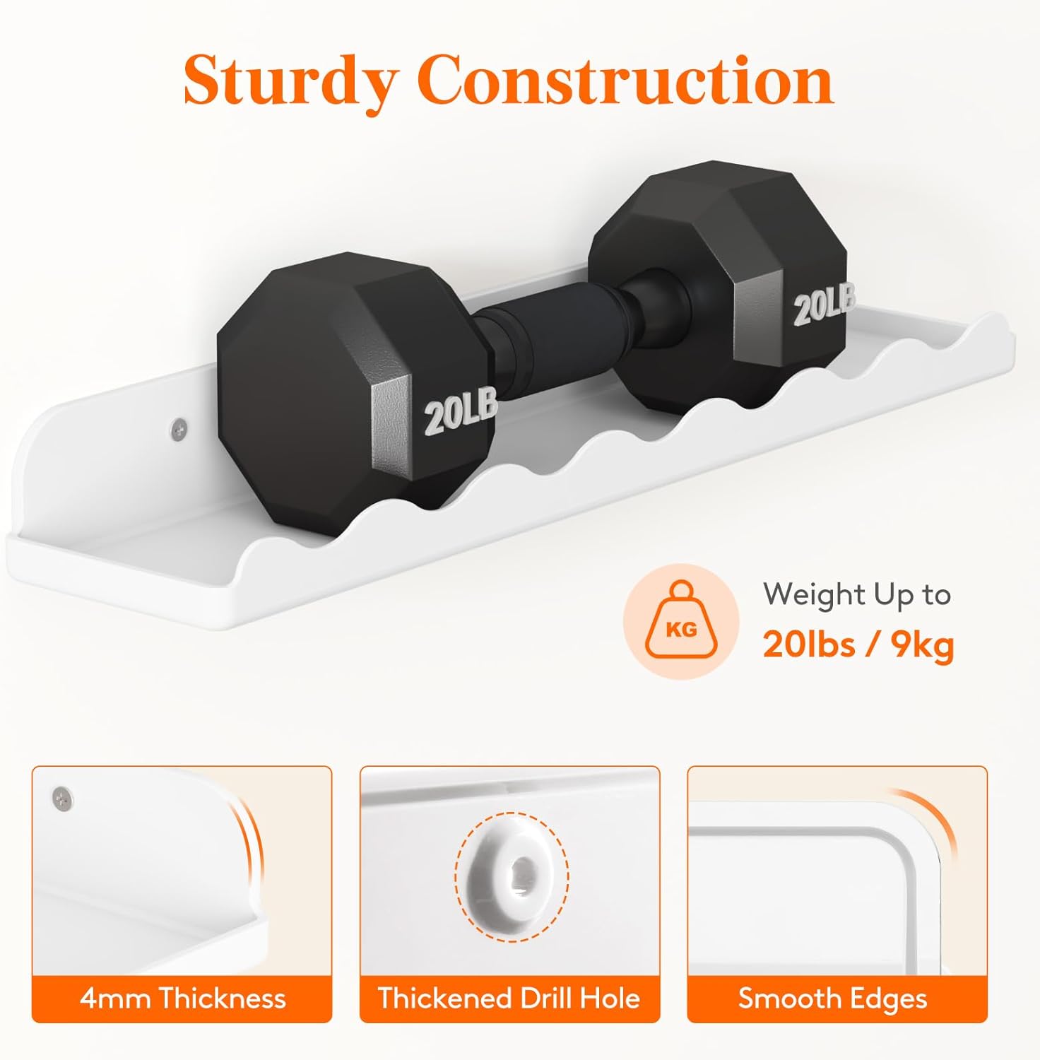 Lifewit white cloud floating wall shelves displaying a dumbbell with sturdy construction and smooth edges