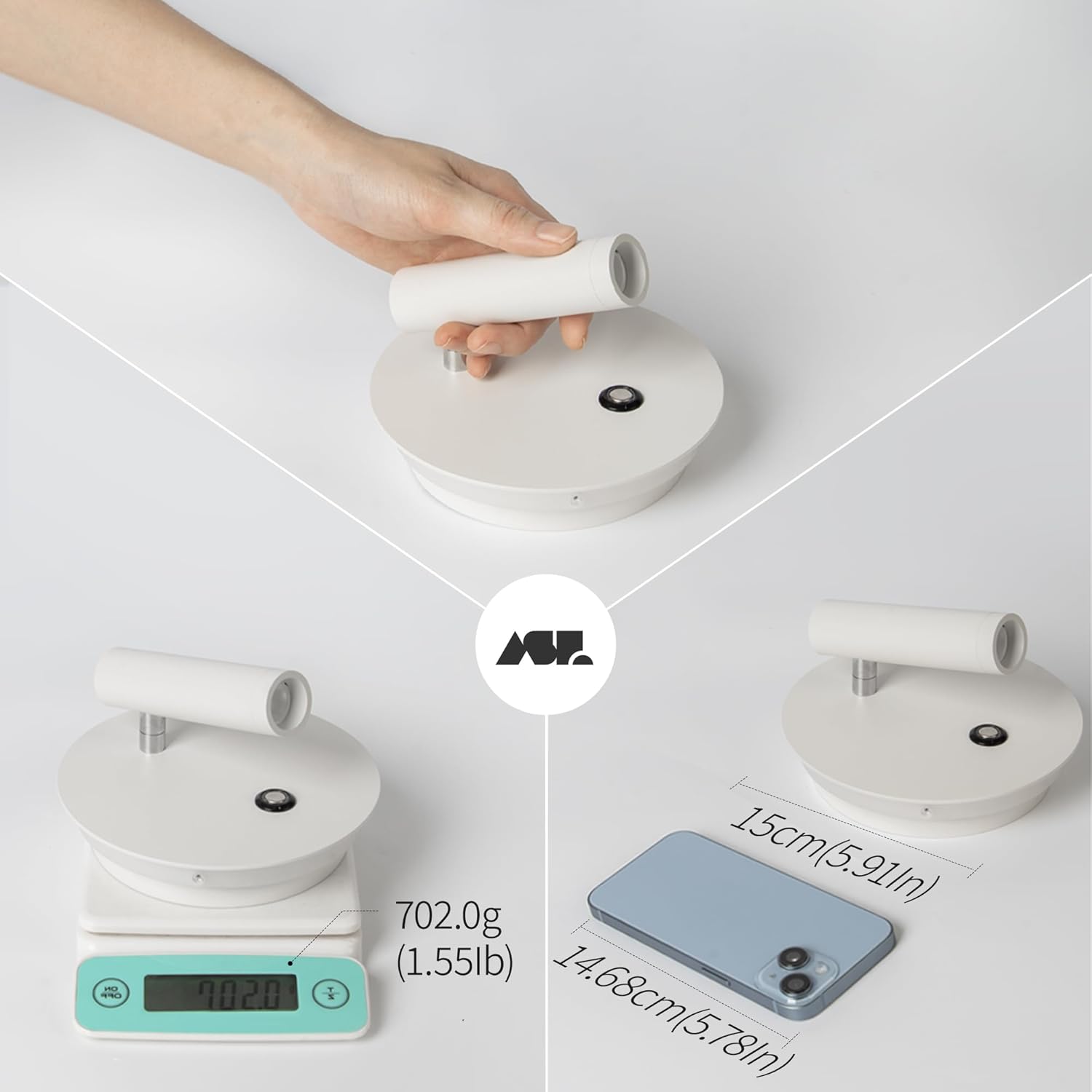 Aisilan white LED wall sconce with touch control on a weighing scale and next to a smartphone for size comparison