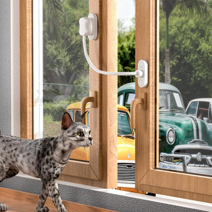 Bwintech white window restrictor pack installed on a wooden window for child safety