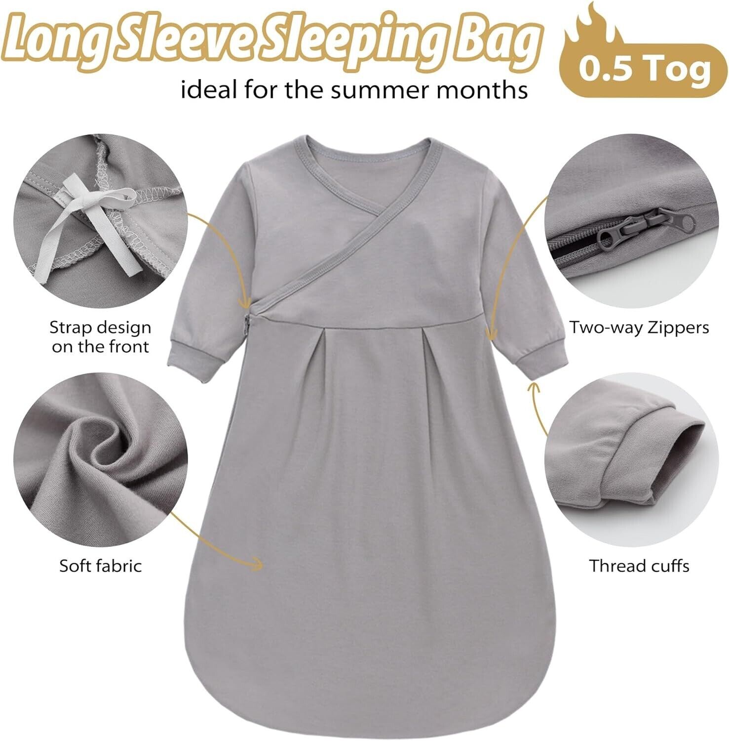 Grey long sleeve sleeping bag with two-way zippers, ideal for summer months and soft fabric design
