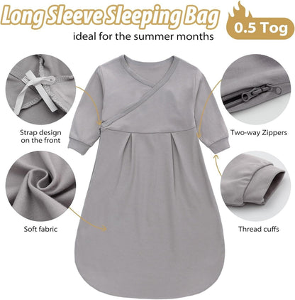 Grey long sleeve sleeping bag with two-way zippers, ideal for summer months and soft fabric design