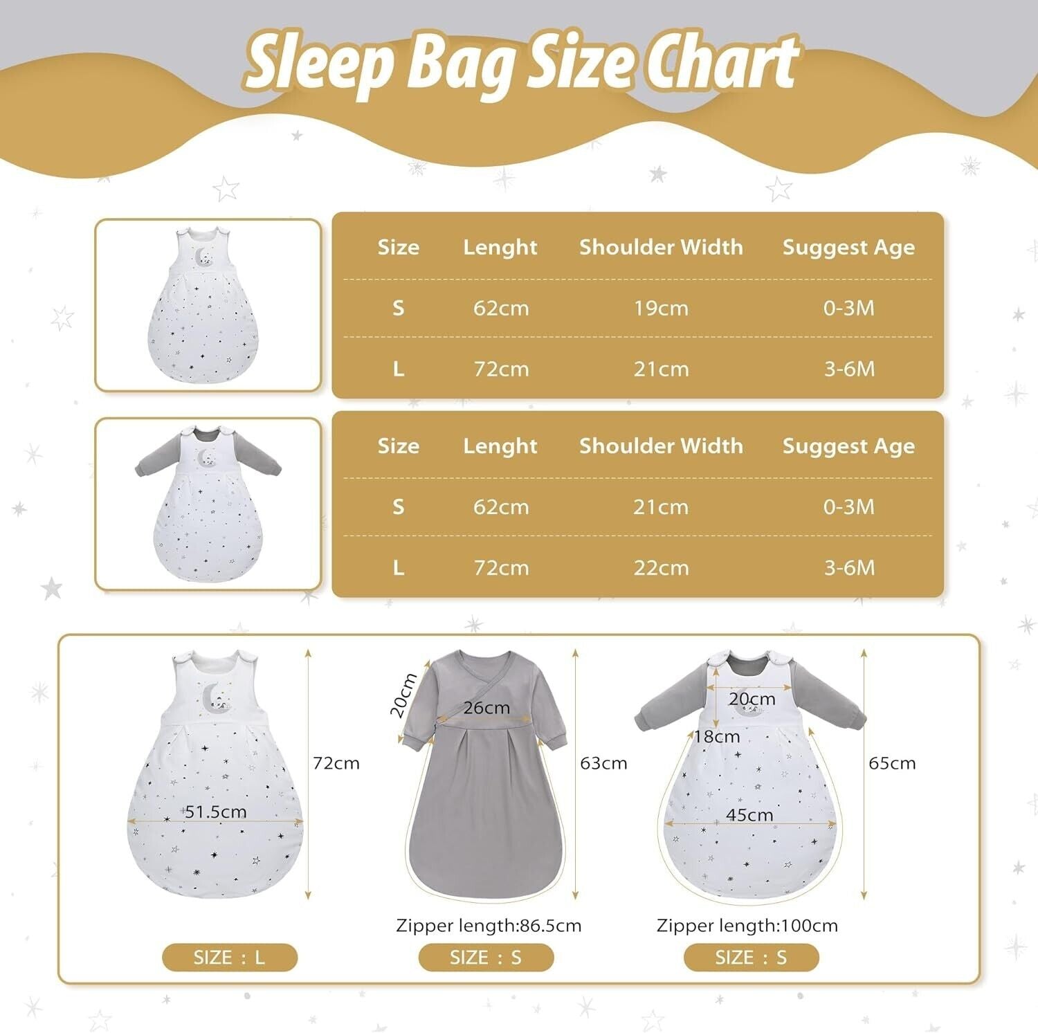 Size chart for winter baby sleeping bag 2.5 tog, featuring lengths and age suggestions for different sizes