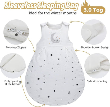 Sleeveless winter baby sleeping bag 2.5 tog with two-way zippers and shoulder button design